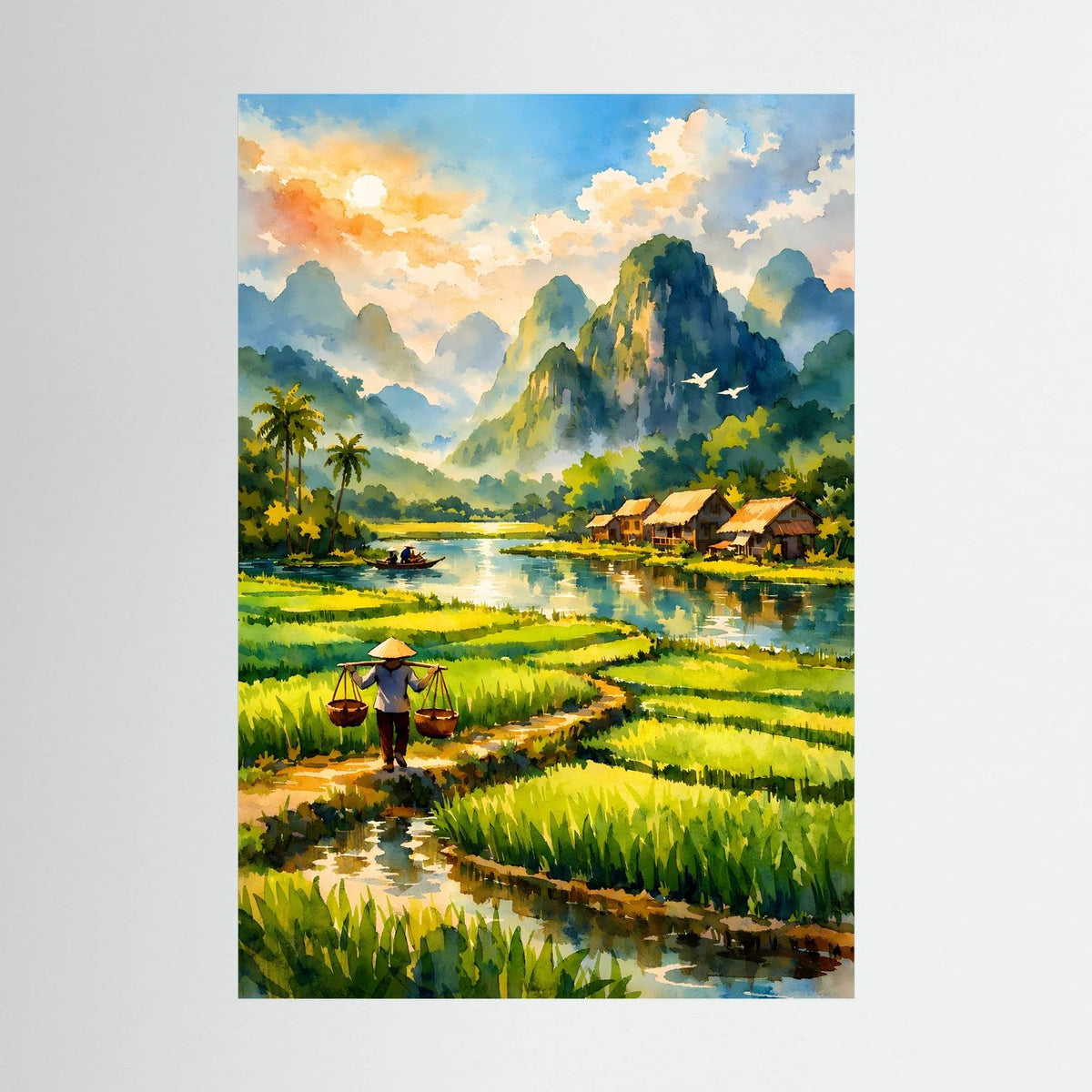 Wandbild mit tropischen Reisfeldern, Fluss und Dorf am Ufer, Hochformat