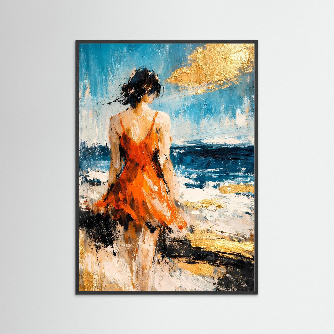 Hochformatiges Kunstposter im schwarzen Rahmen: abstrakte Strandszene mit Frau im orangefarbenen Kleid, Blau.