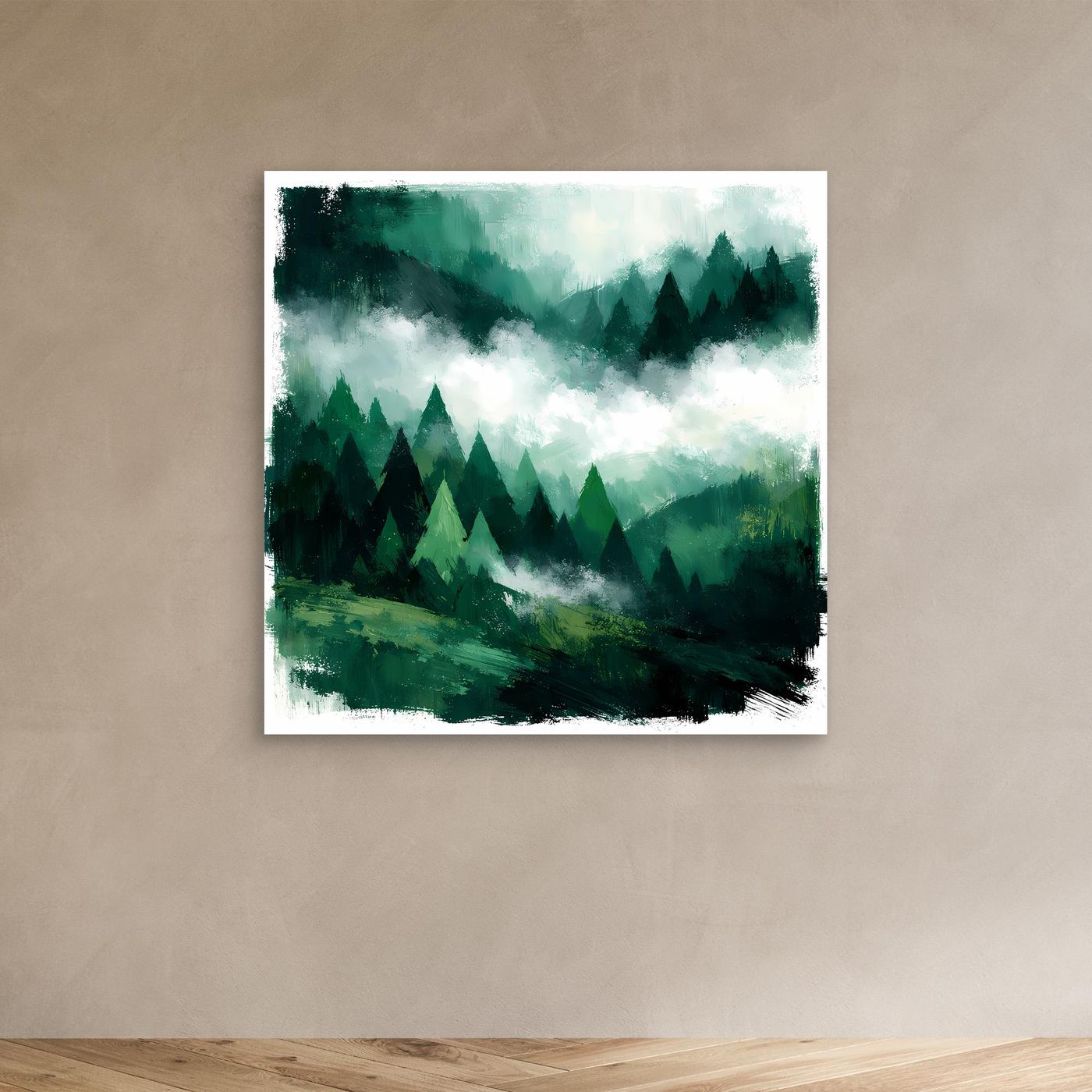 Leinwand Magischer Nebelwald in den Bergen | Abstraktes Tannenwald Wandbild