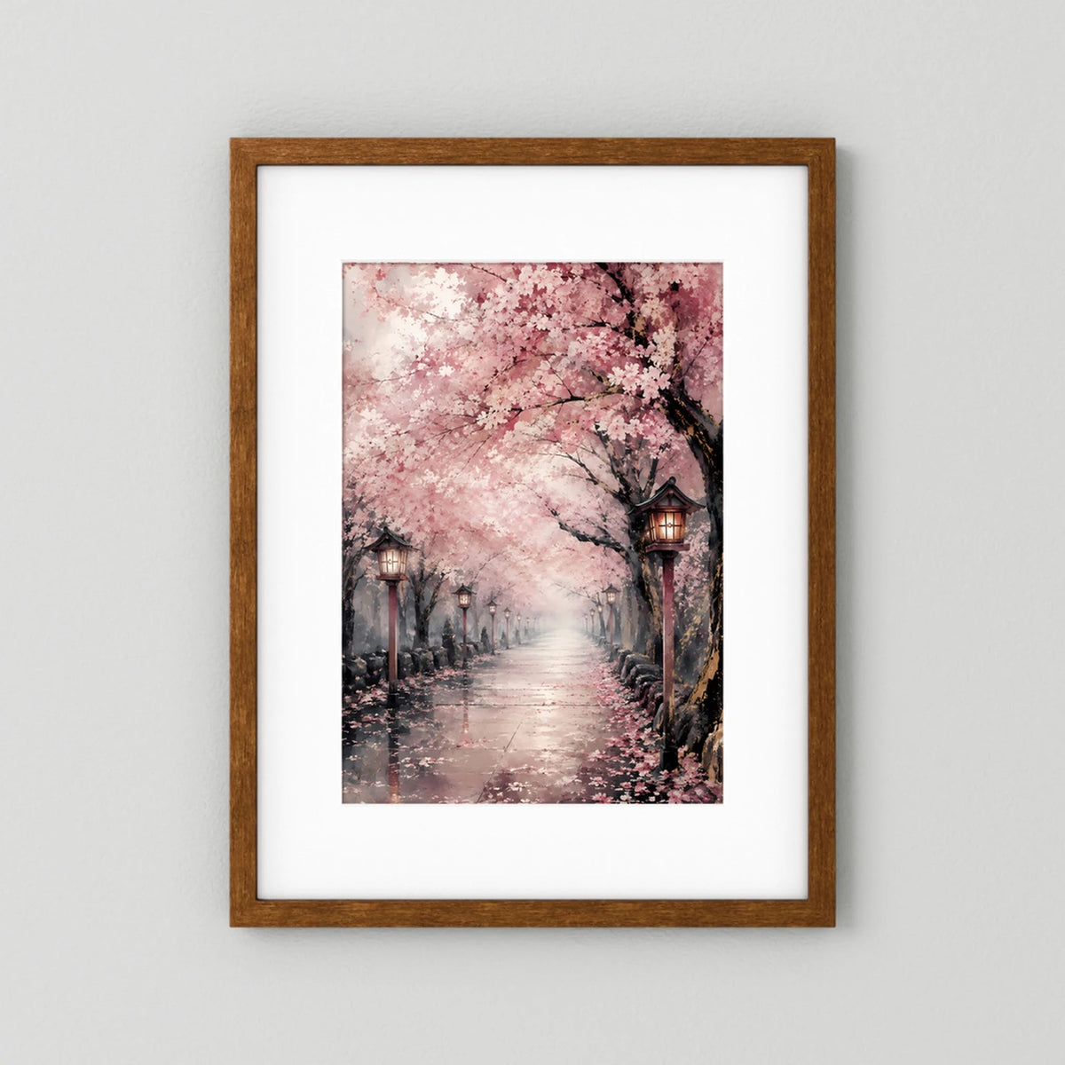 Hochformat-Poster mit rosa Kirschblütenallee und Laternen, brauner Holzrahmen mit weißem Rand