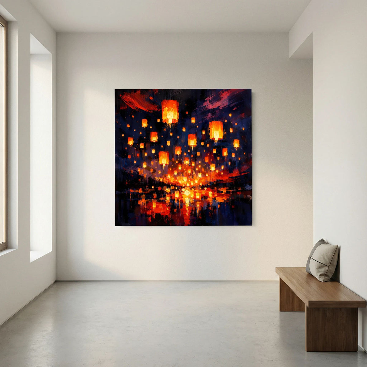 Leinwand-Wandbild: orange leuchtende Laternen über spiegelnder nächtlicher Wasserfläche