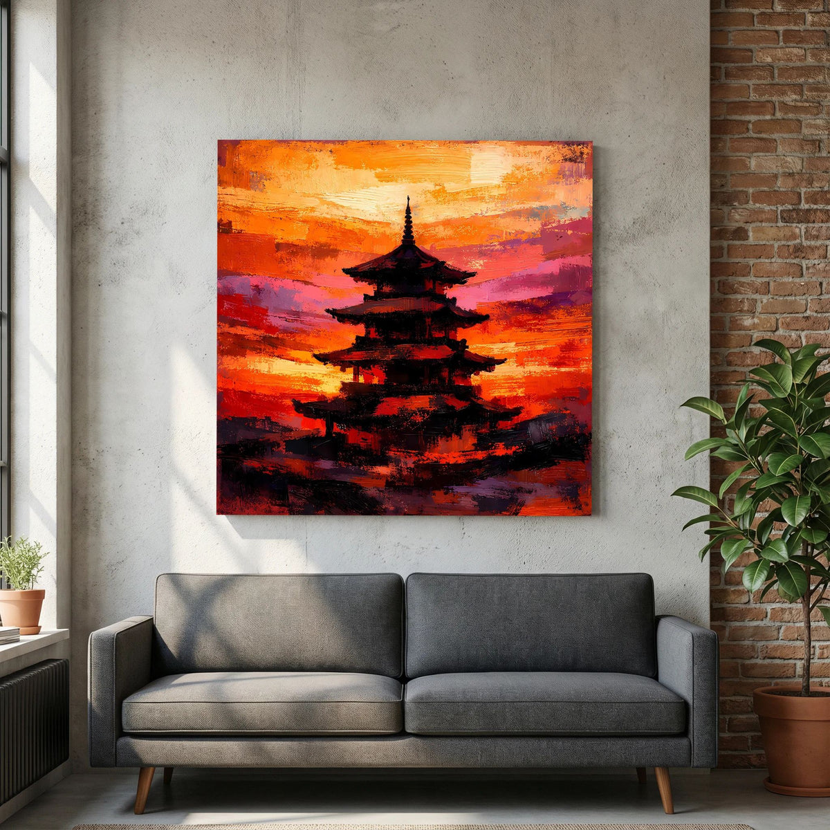 Leinwandbild mit japanischer Pagode, schwarze Silhouette auf abstrakter Leinwand in Orange und Pink