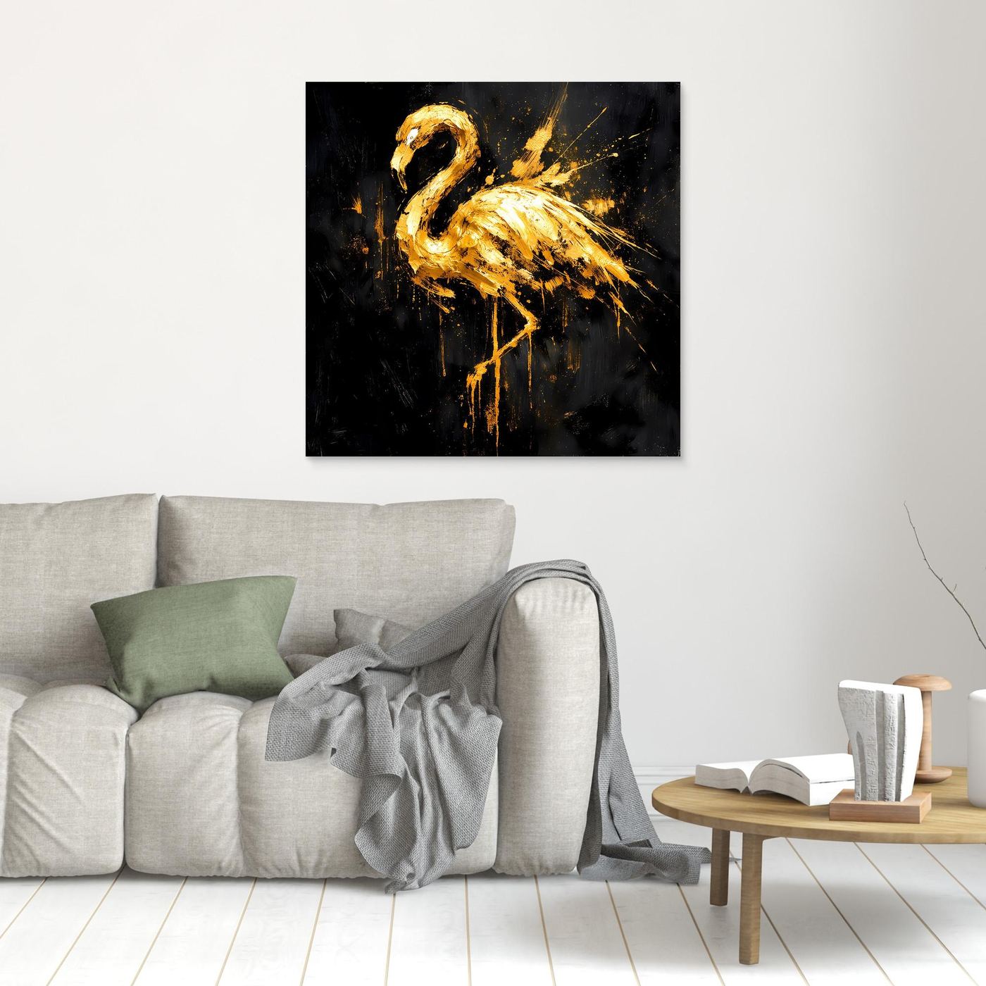 Leinwand Goldener Flamingo auf Schwarz | Abstraktes Modernes Tier Wandbild Kunst