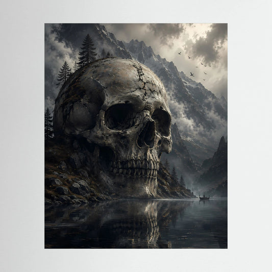 Poster mit Totenkopf im Bergsee, düstere Berglandschaft, Hochformat