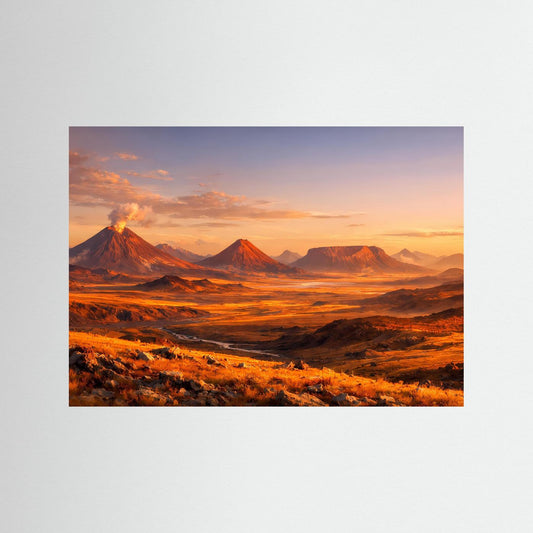 Querformatiges Vulkanlandschafts-Poster mit Bergen bei Sonnenuntergang, ohne Rahmen