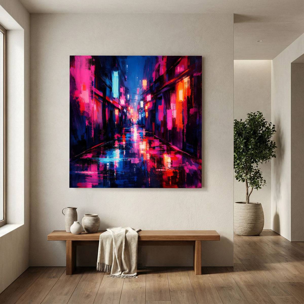 Neon-Wandbild Cyberpunk-Gasse im Regen, magenta-blau-orange, schwarzer Rahmen