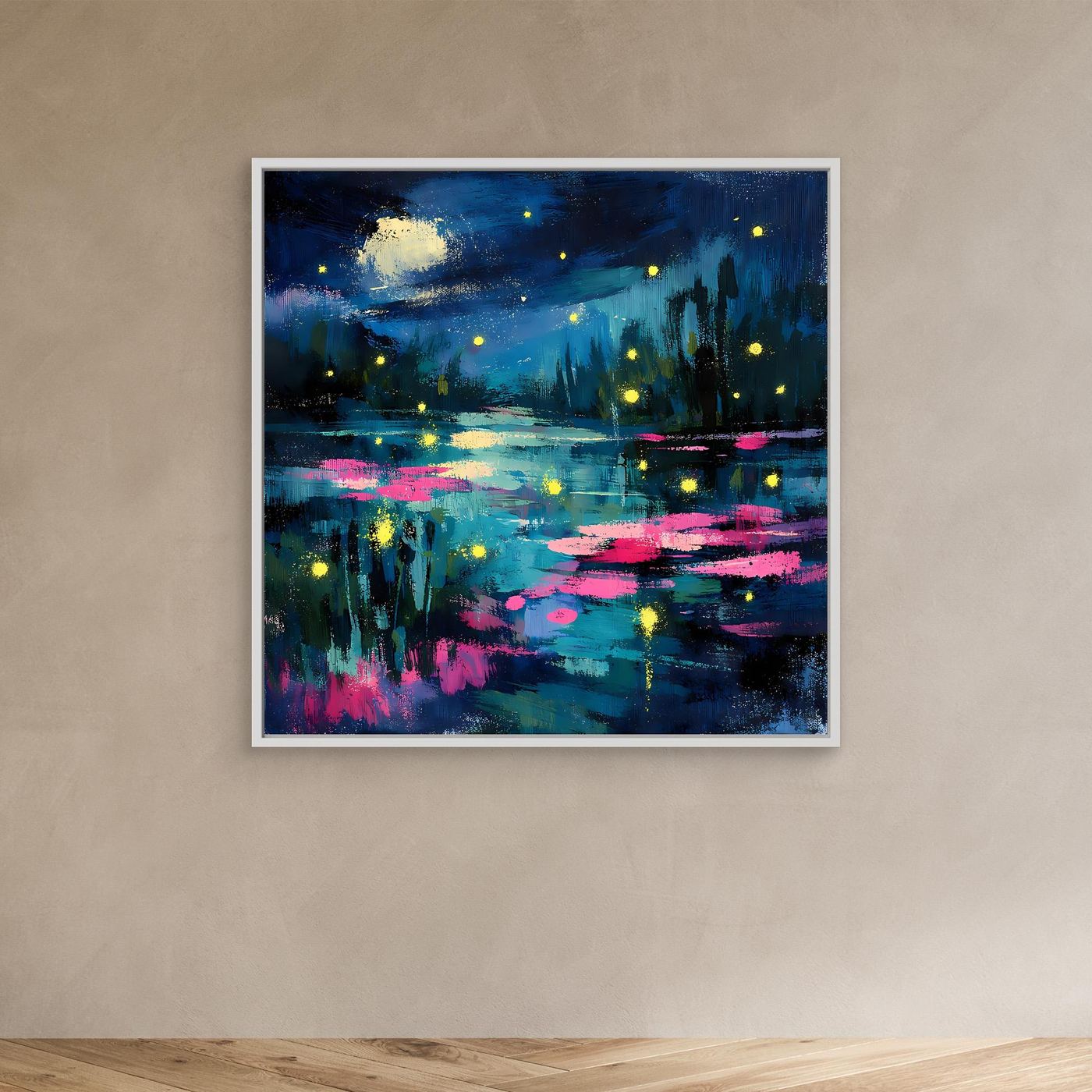 Abstract canvas wall art in white frame: moonlit lake with glowing fireflies and pink reflections