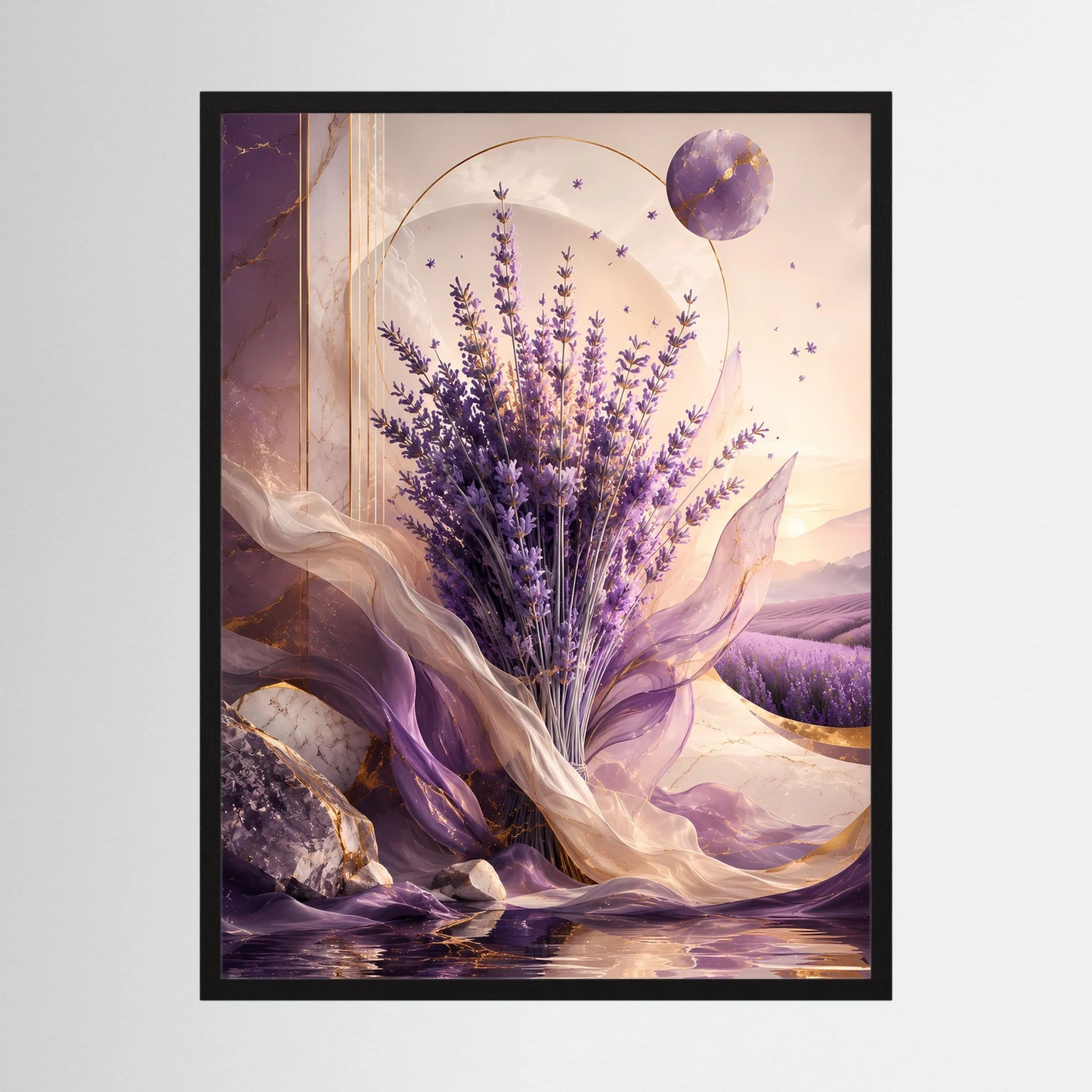 Vertikales Poster mit schwarzem Rahmen: Lavendelillustration in Violett und Gold