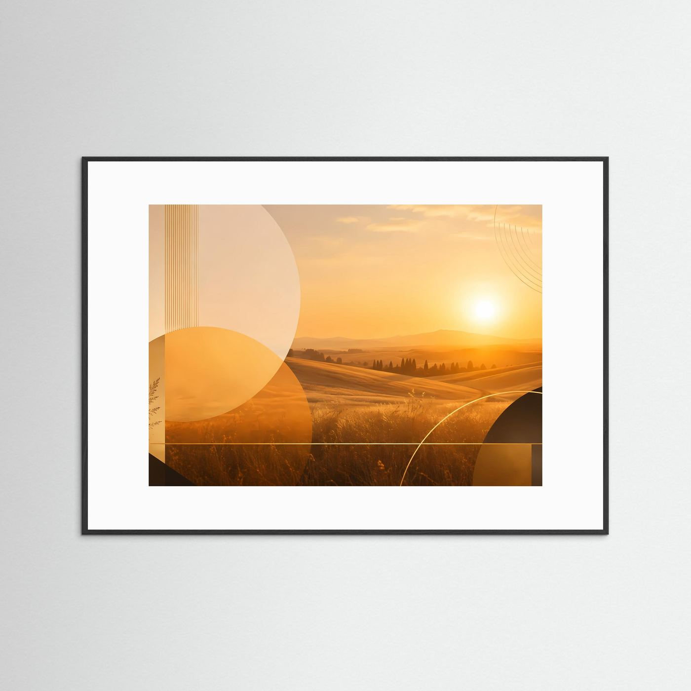 Poster Querformat mit abstrakter Landschaft in warmen Gelb- und Brauntönen, weißer Rahmen und Umrandung