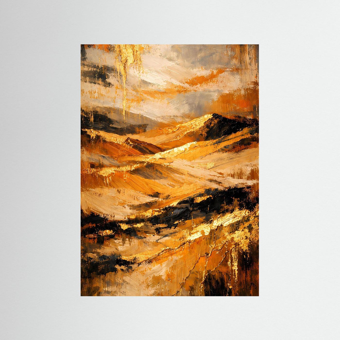 Abstraktes Landschaftsposter mit goldenen und ockerfarbenen Pinselstrichen, Hochformat.