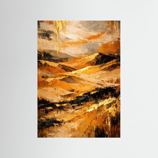 Abstraktes Landschaftsposter mit goldenen und ockerfarbenen Pinselstrichen, Hochformat.