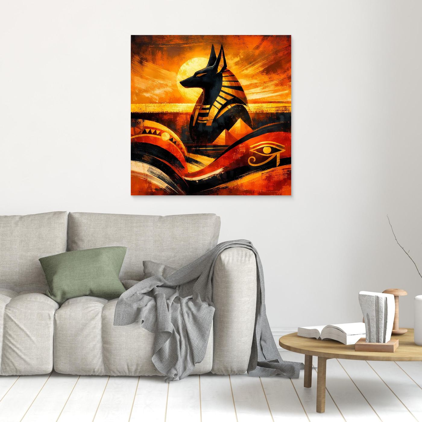 Kleines Wandbild Leinwand mit Anubis-Silhouette, orange-gelbe Strahlen, schwarzes und goldenes Design