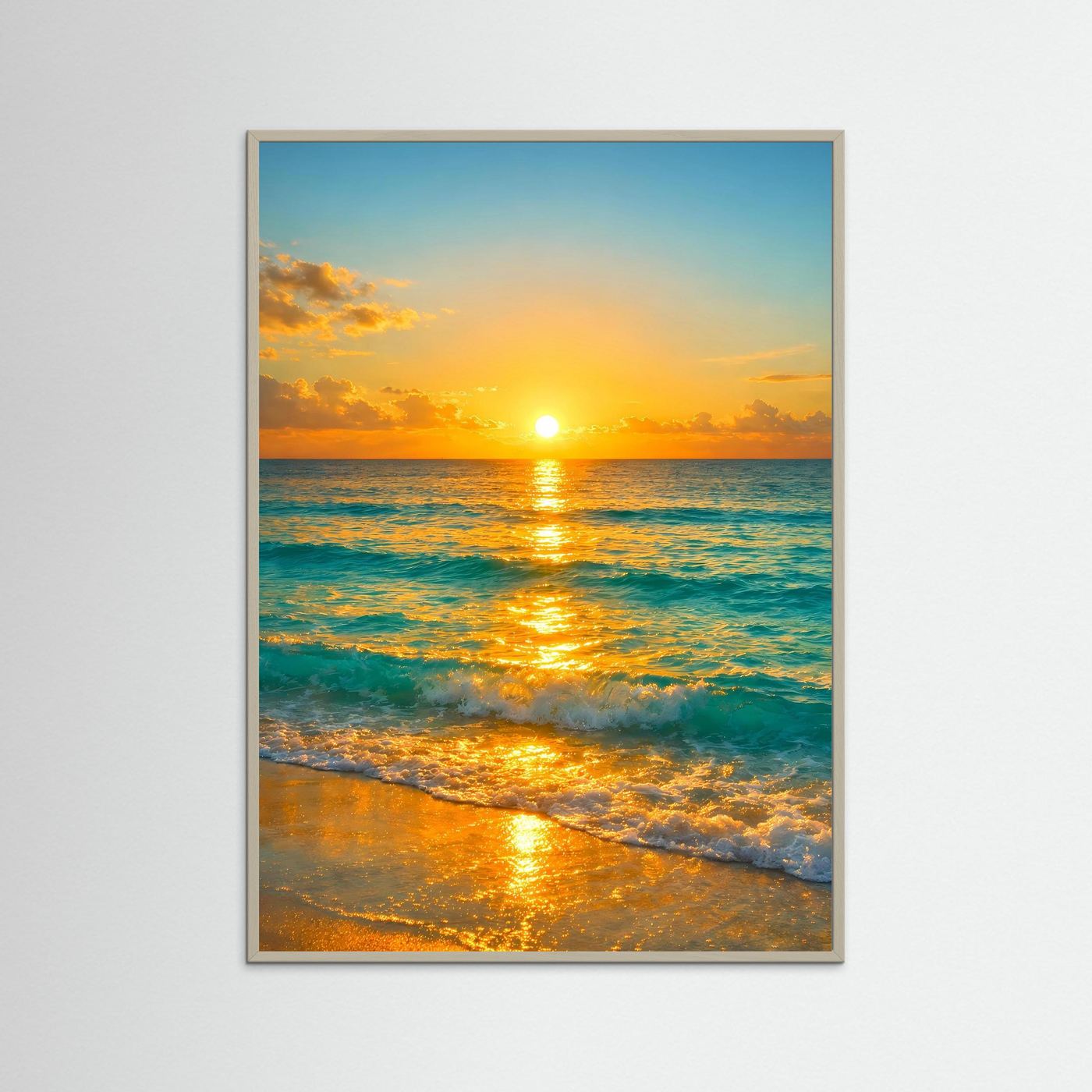 Maritimes Ozean-Poster im Hochformat mit goldenem Sonnenuntergang, silberner Rahmen