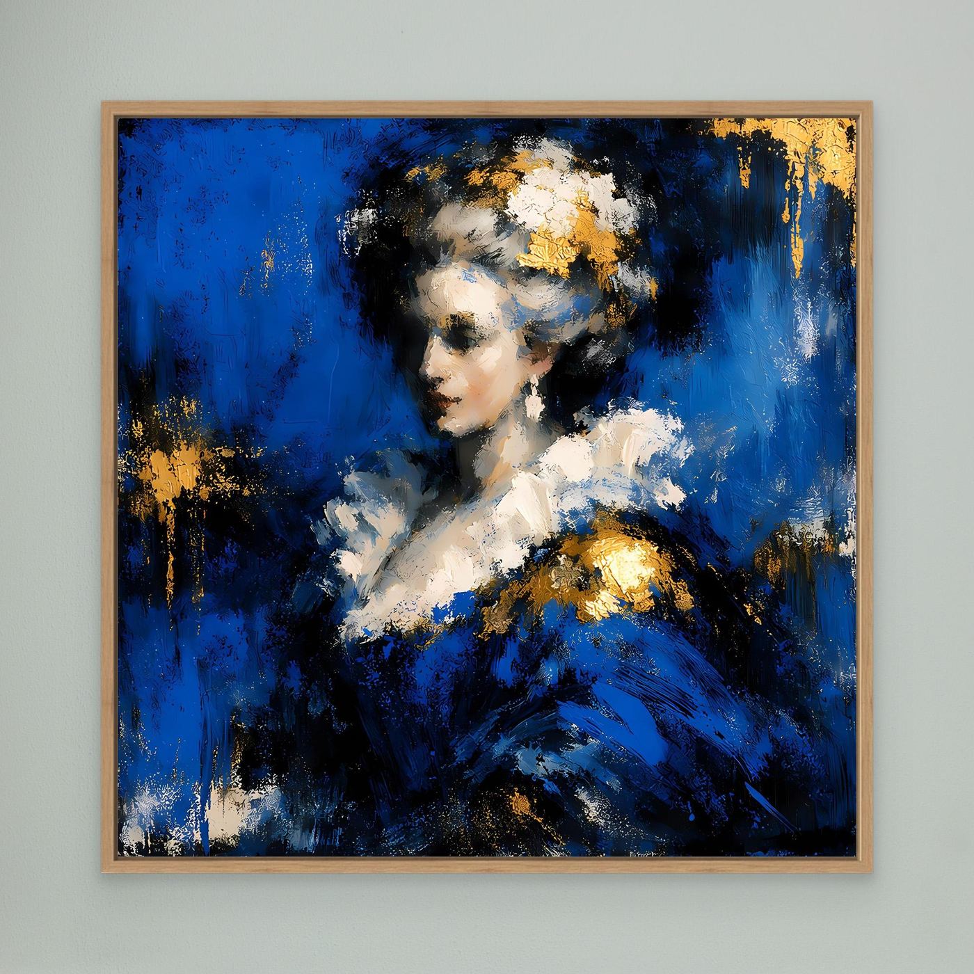 Leinwand Elegante Barock-Dame in Blau und Gold | Abstraktes Porträt Wandbild