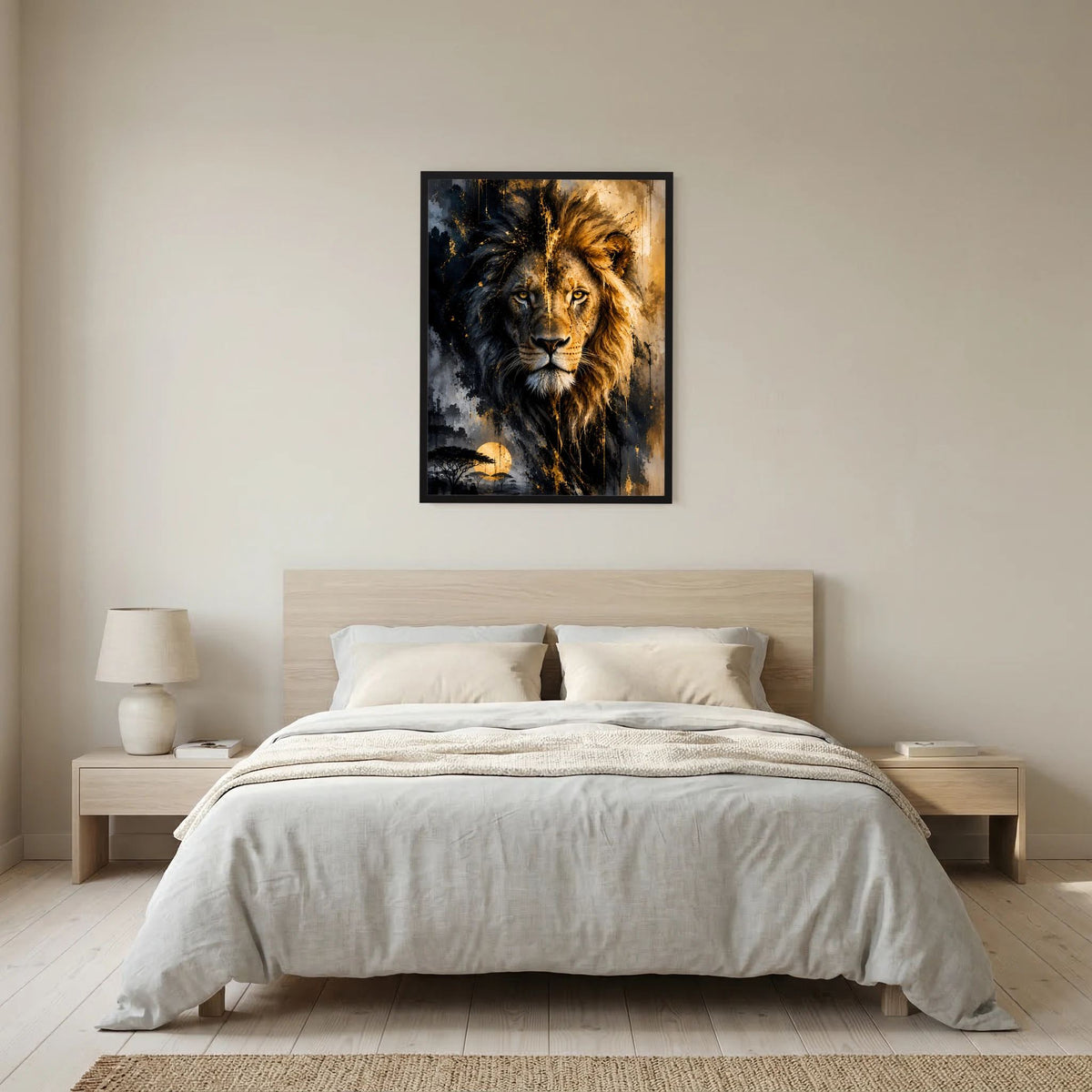 Gerahmtes Löwenposter im Hochformat mit abstraktem schwarz-goldenem Tierportrait