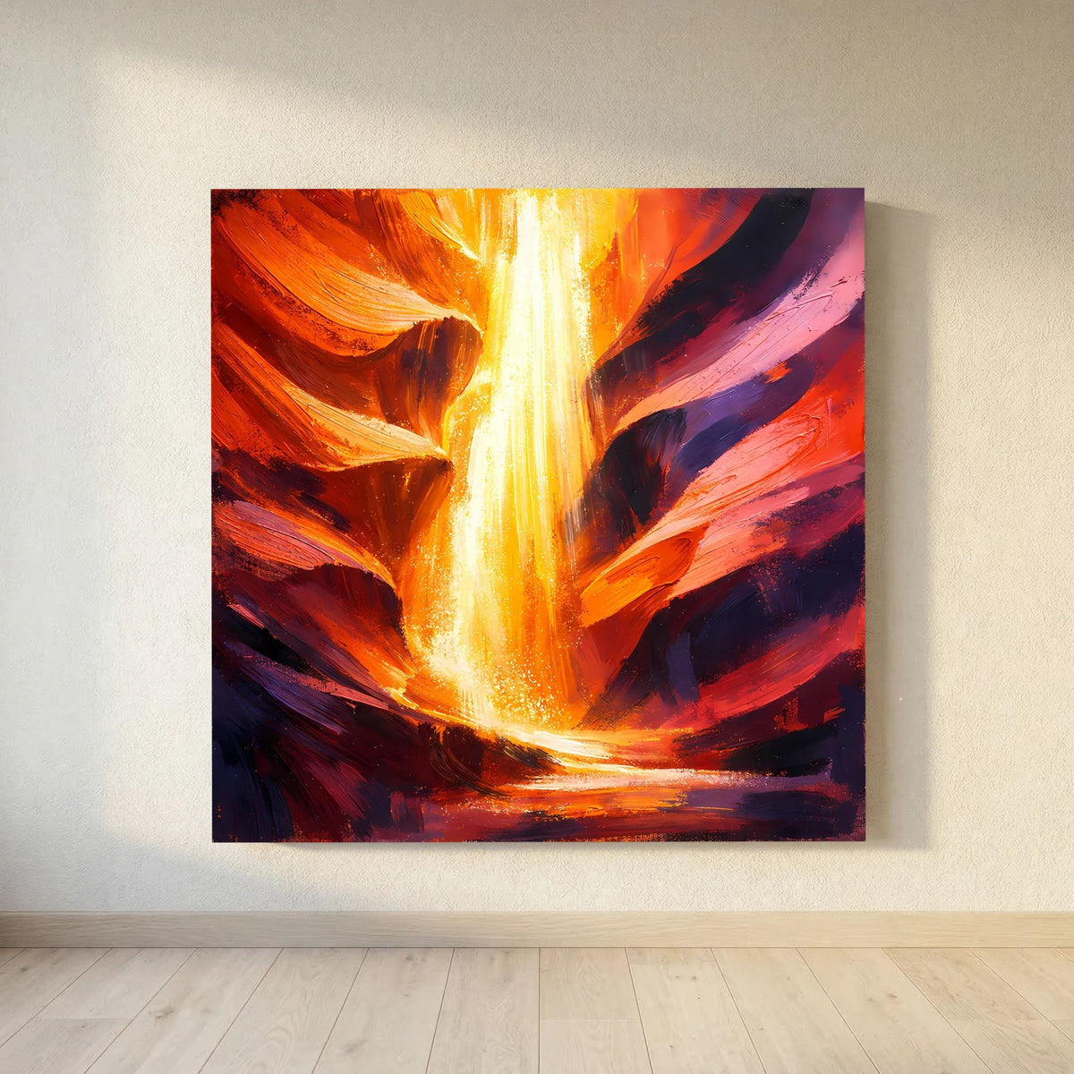 Leinwand-Wandbild mit strudelndem Lichtstrahl, roten und violett-blauen Pinselstrichen