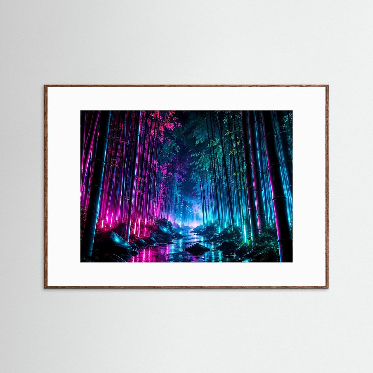 Neon-Bambuswald-Wandkunst mit Cyberpunk-Licht, dunkle Bäume und farbige Leuchtspuren im Poster, mit braunem Rahmen