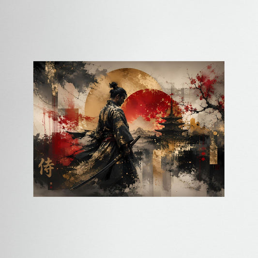 Japanisches Samurai-Poster im Querformat mit dunklem Holzrahmen, roter Sonne und Schriftzeichen