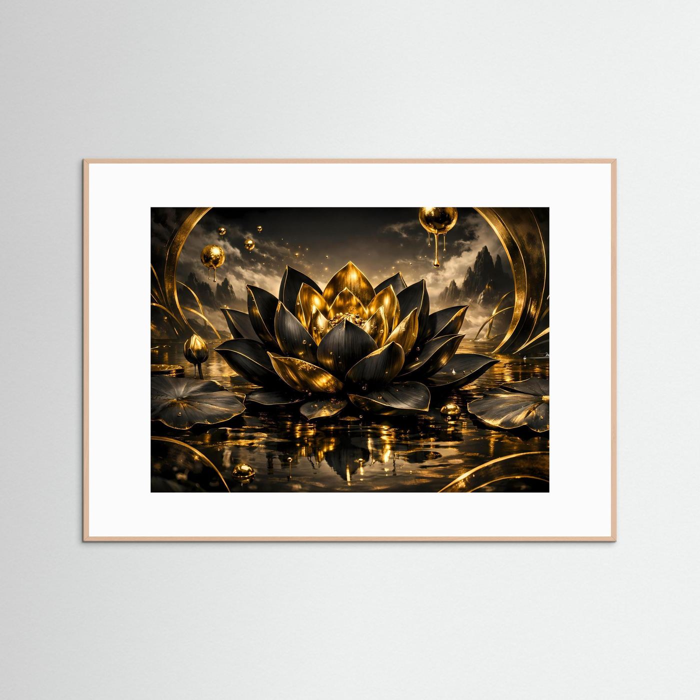 Gerahmtes Wandbild mit Lotusblüte in Gold und Schwarz, weißes Passepartout