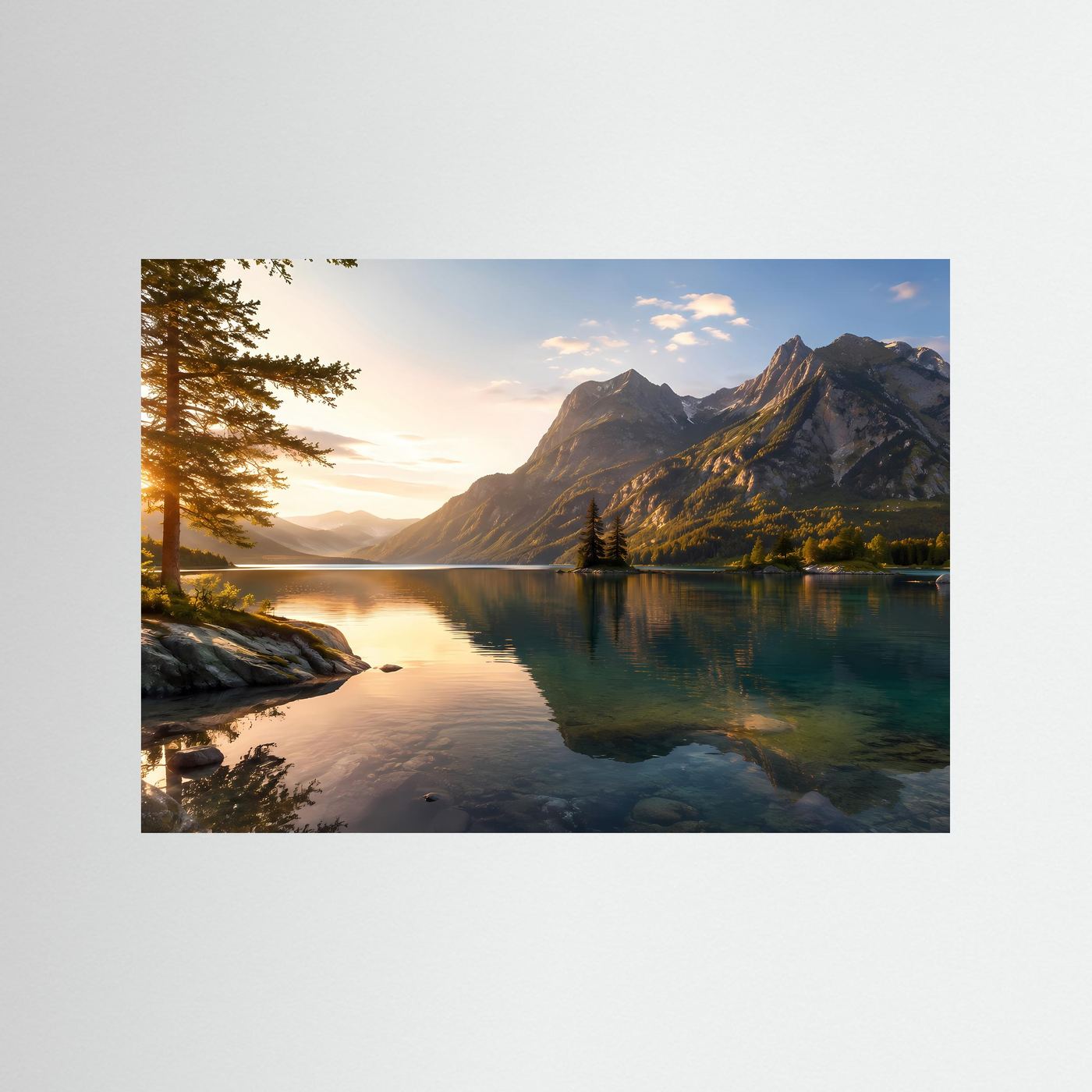 Bergsee Poster Querformat | Majestätische Berge im goldenen Sonnenlicht