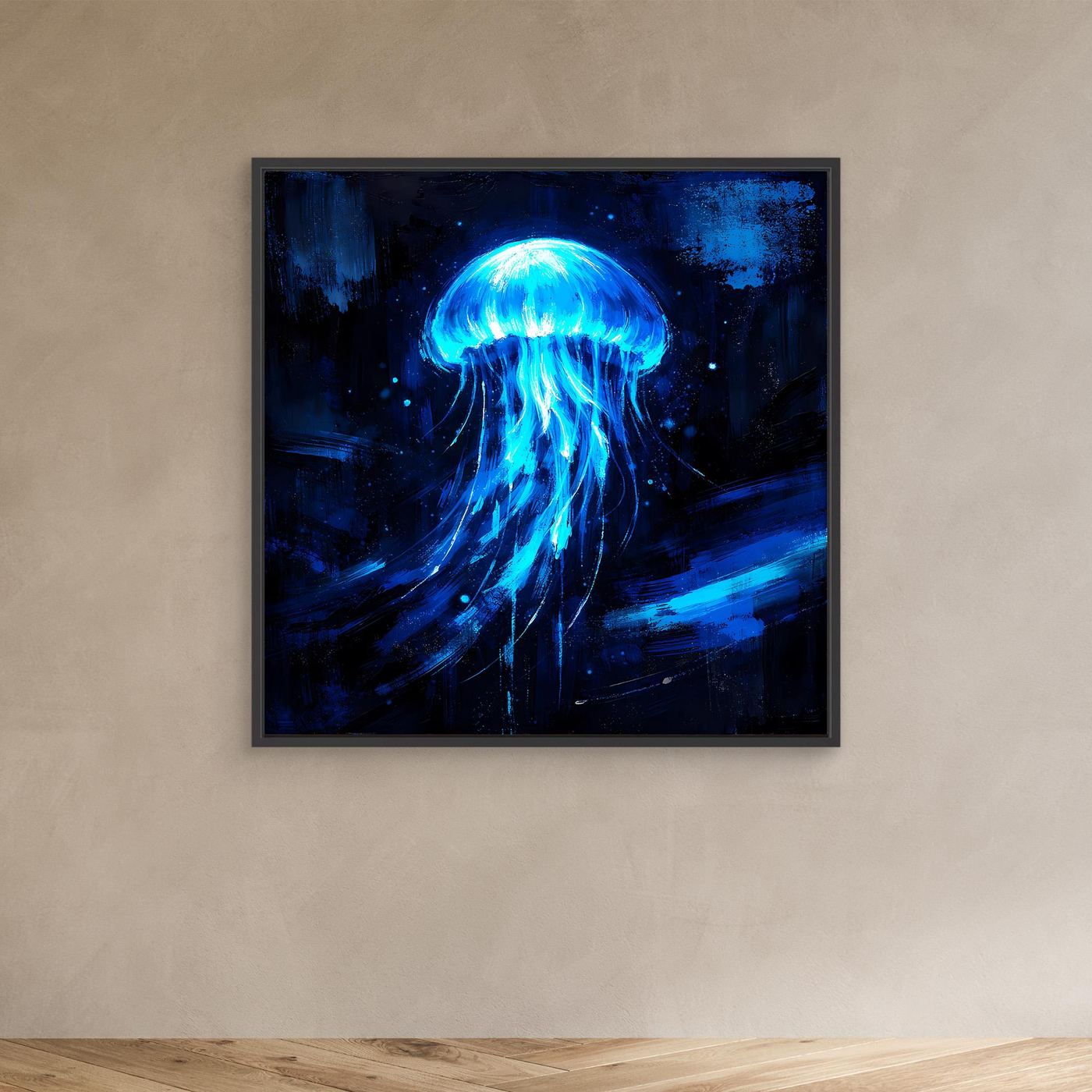 Leinwand Leuchtende Qualle im Tiefsee-Ozean | Abstraktes Biolumineszenz Wandbild