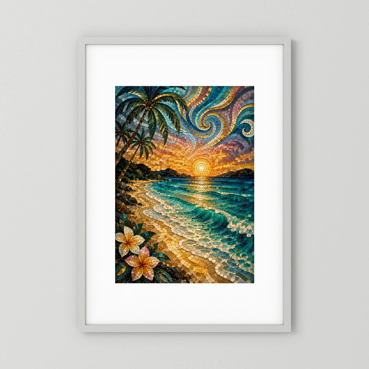 Poster im Hochformat mit Mosaik-Strand, Palmen, Meer und Sonnenuntergang