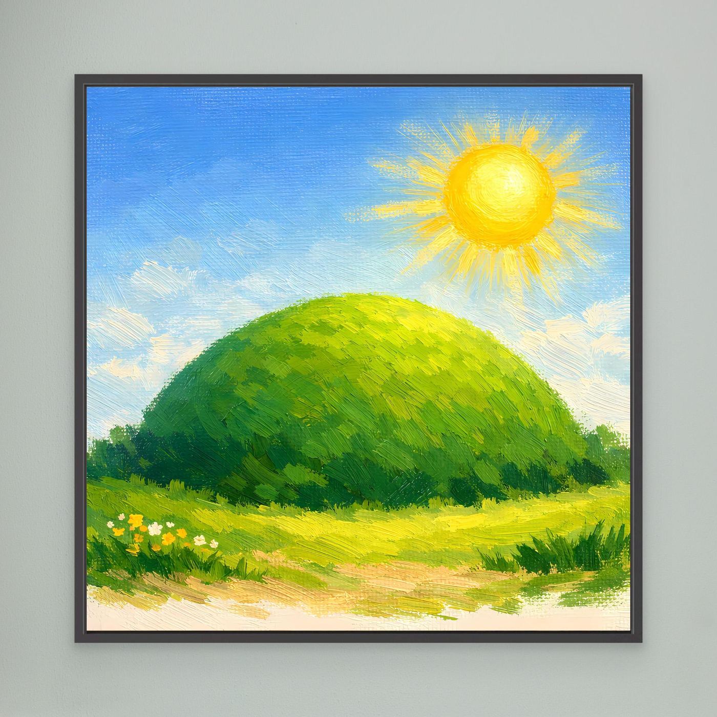 Leinwandbild mit grünem Hügel und gelber Sonne, im schwarzen Rahmen