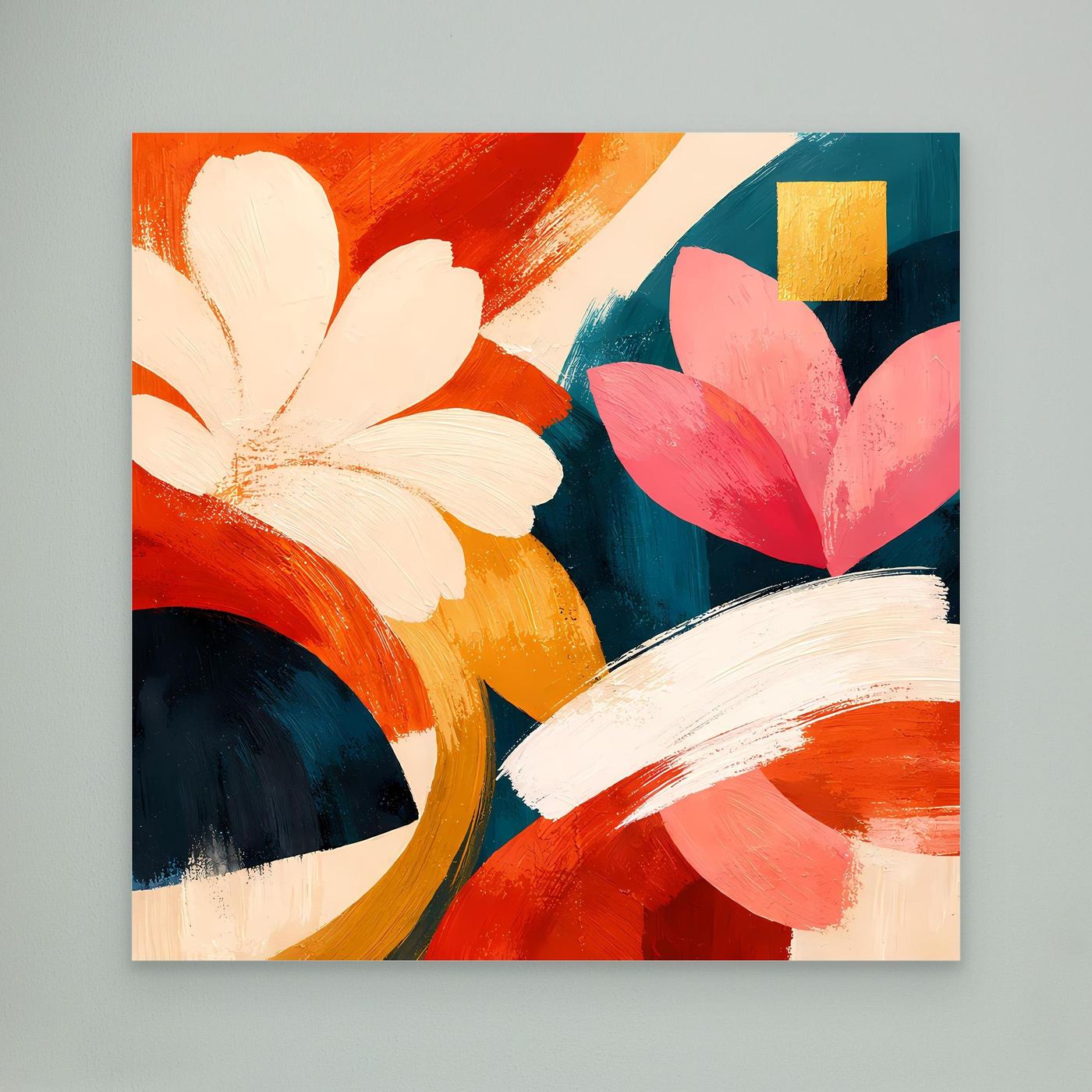 Abstraktes Leinwand-Wandbild mit weißen und rosafarbenen Blüten sowie Goldakzent, ohne Rahmen.