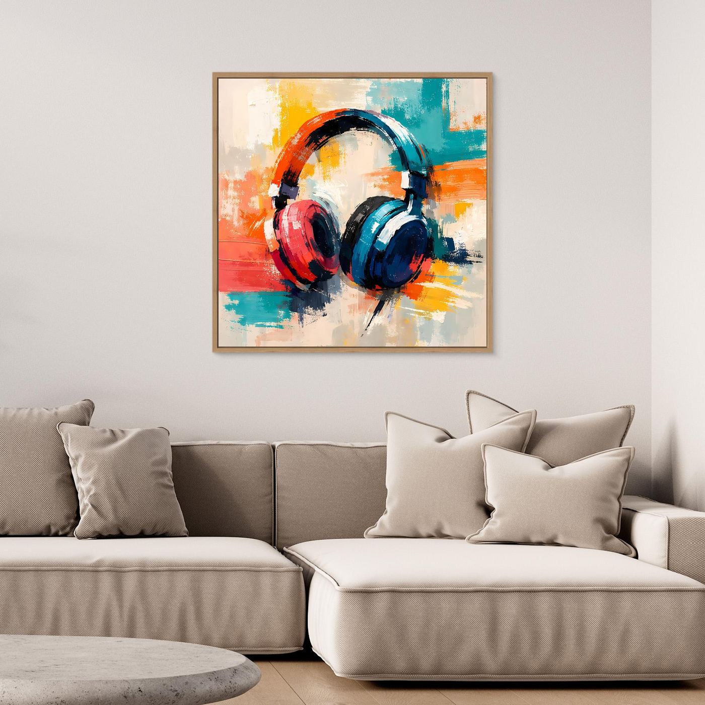 Framed abstract canvas wall art of DJ headphones with red, blue, and teal paint