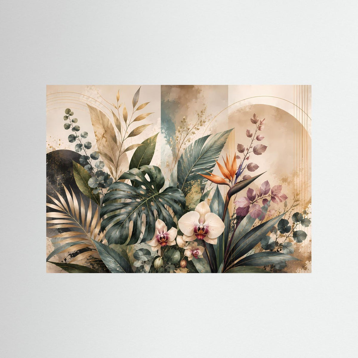 Botanisches Querformat-Poster mit tropischen Blättern und Orchideen