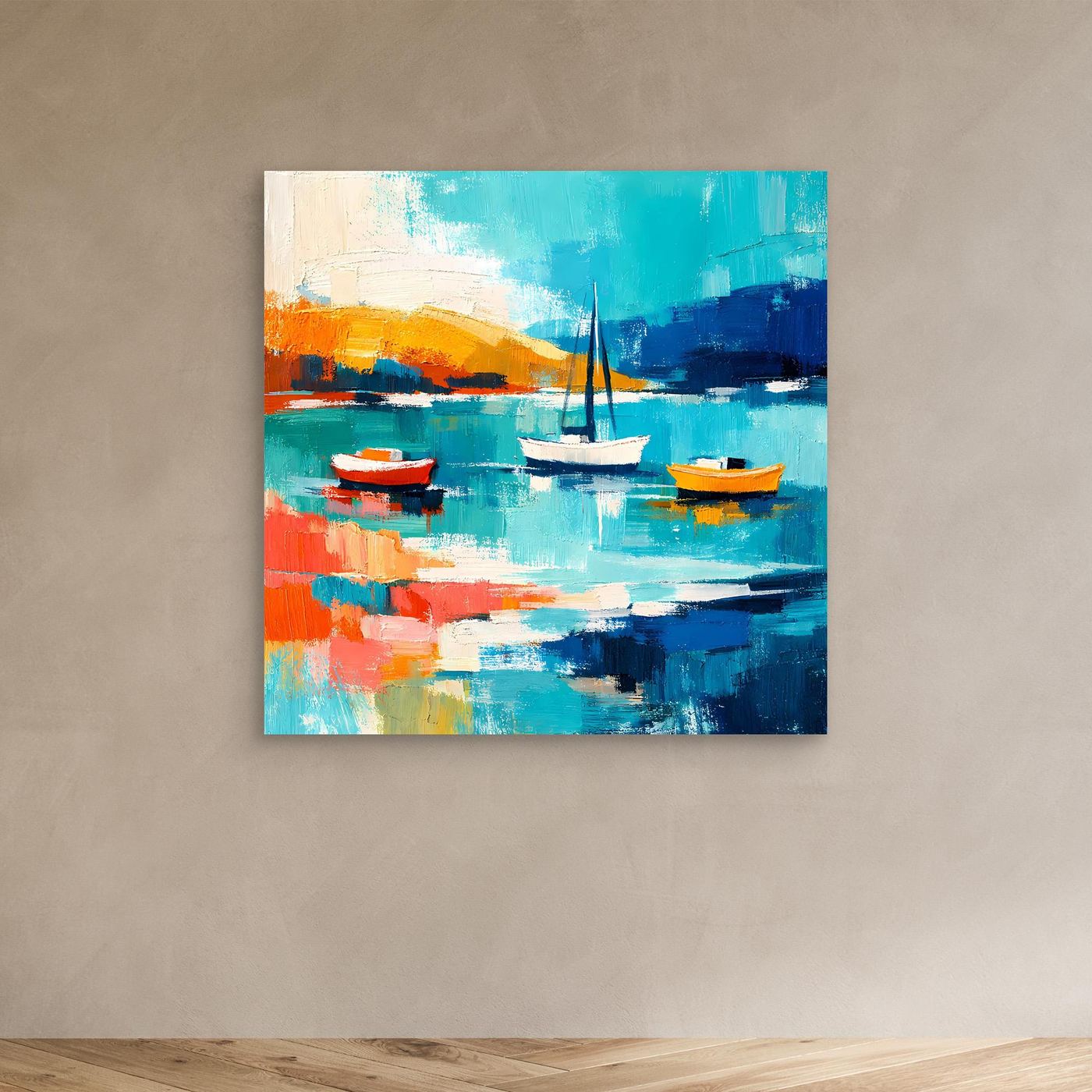 Abstract sailboat wall art on canvas, teal and blue boats with orange highlights