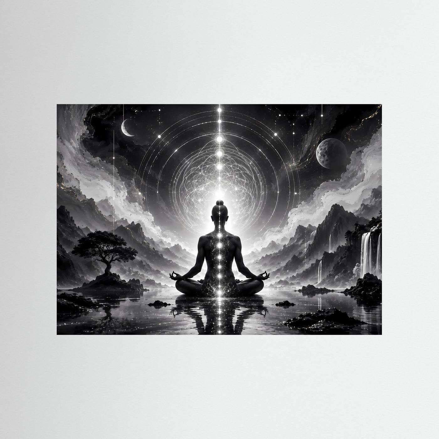 Meditation Schwarz Weiß | Spirituelles Wandbild mit Chakren & Heiliger Geometrie