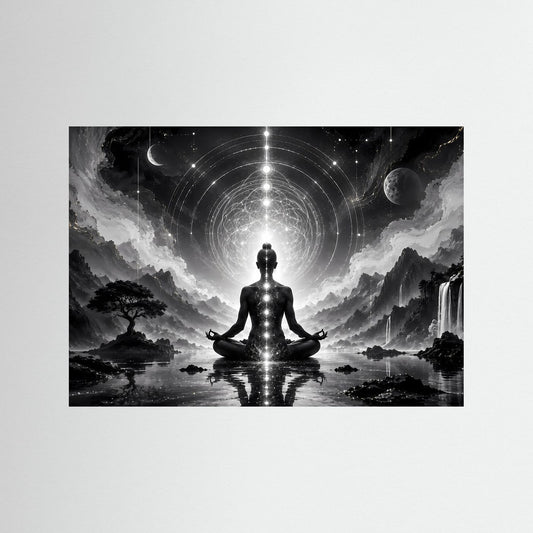 Meditations-Wandbild mit sitzender Figur, Lichtkreis und heiligen Linien, schwarzer Rahmen