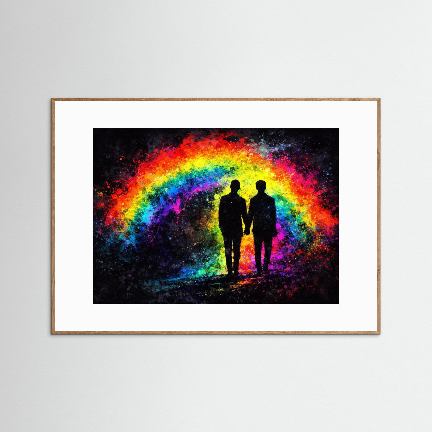 Wandbild mit Regenbogen und zwei stehenden Silhouetten, heller Holzrahmen, Passepartout