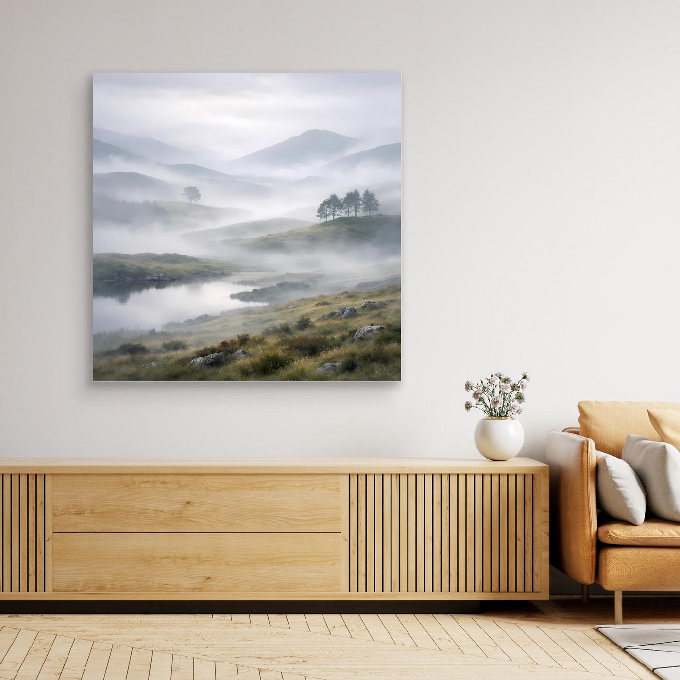 Leinwandbild mit Bergsee in Nebelstimmung, ohne sichtbaren Rahmen