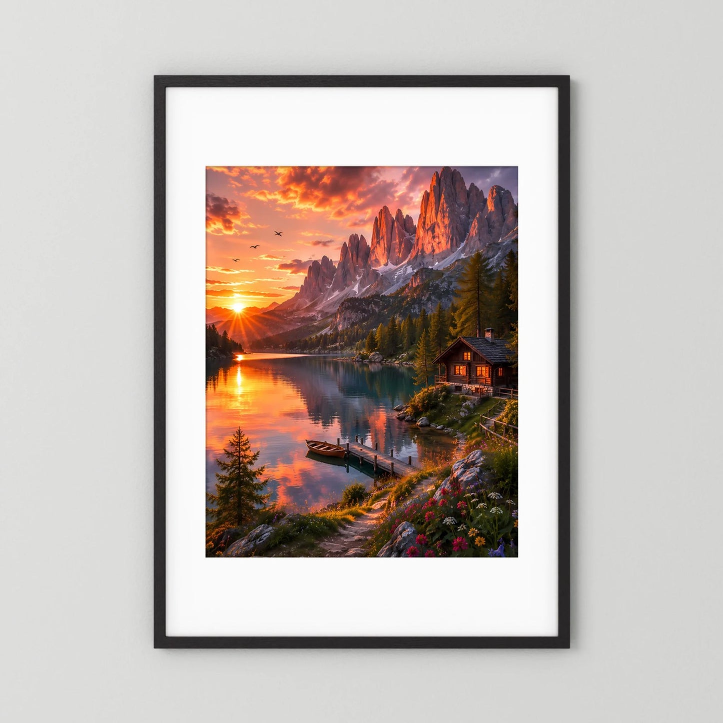 Hochformatiges Poster mit Sonnenuntergang, See und Berghütte, schwarzer Rahmen mit weißem Rand