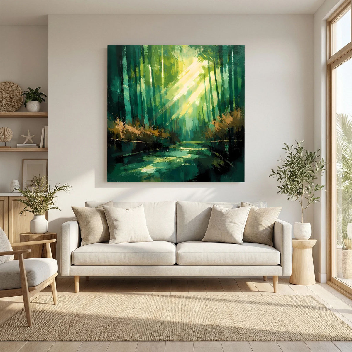 Abstraktes Leinwandbild: dichter Wald in Grün, goldgelbe Strahlen und reflektierendes Wasser