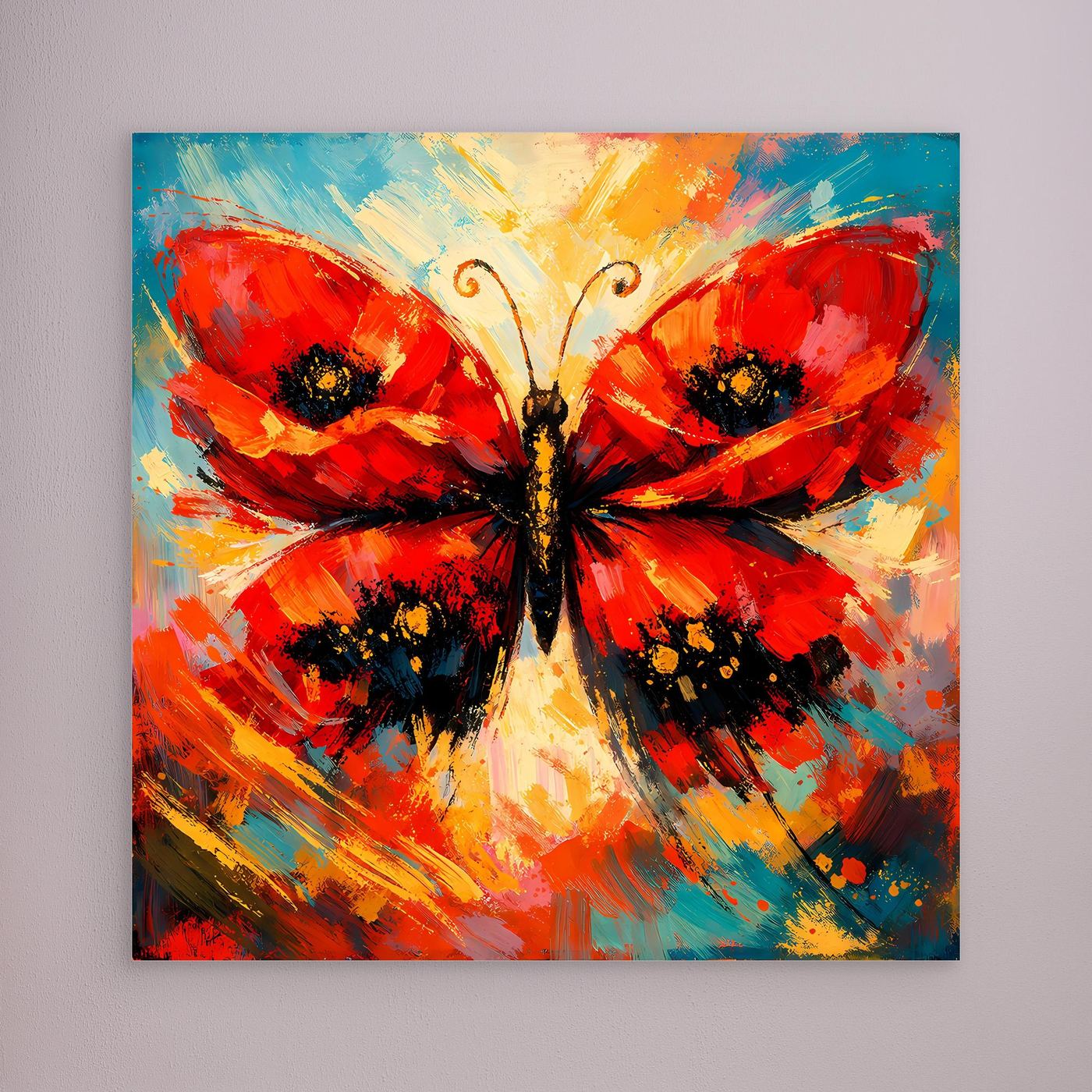 Quadratisches Leinwandbild Schmetterling, rot-blau abstrakte Flügel, ohne Rahmen.