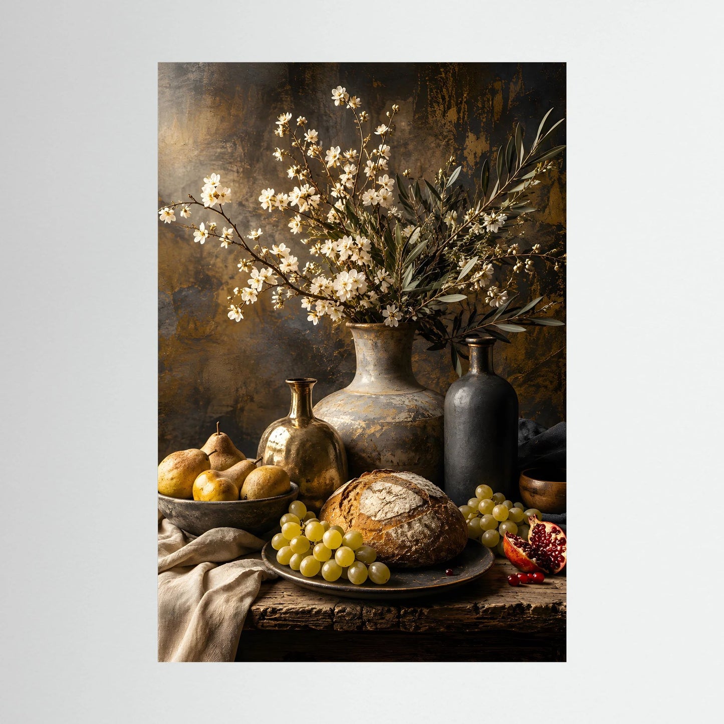 Hochformatiges Stillleben-Poster: Blütenzweig in Vase, Brot und Obst mit Trauben
