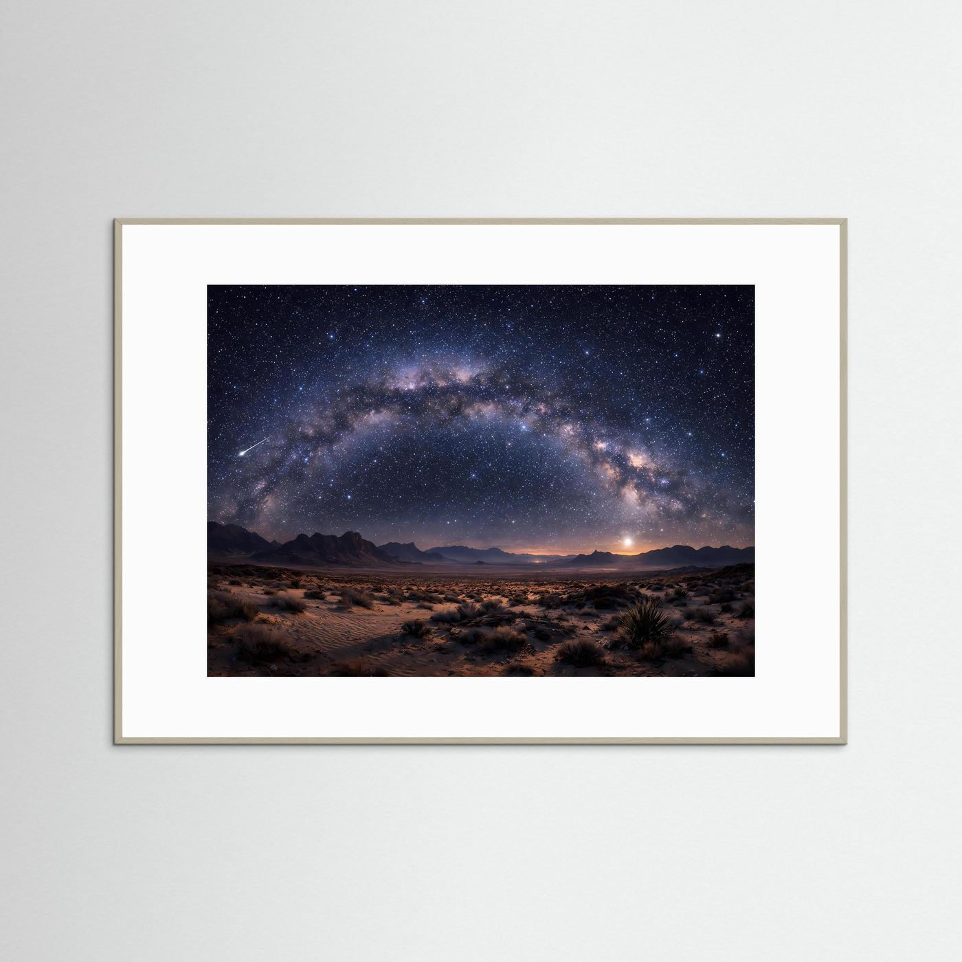 Wandbild-Poster mit beigem Rahmen, Milchstraße über Wüstenlandschaft und Sternenhimmel