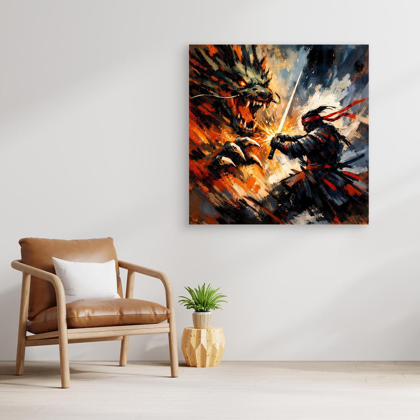 Premium Leinwand Samurai gegen Drache | Abstraktes Fantasy Wandbild Voller Dynamik & Kampfgeist