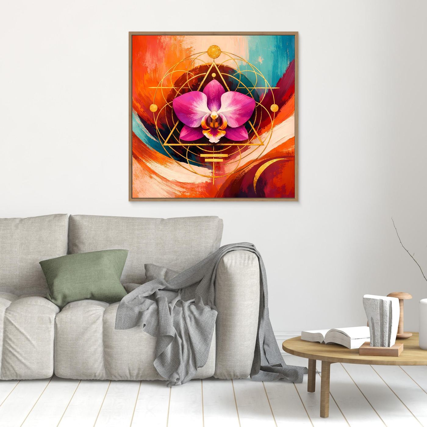 Quadratisches Orchideen-Leinwandbild mit goldener Geometrie und pinker Orchidee