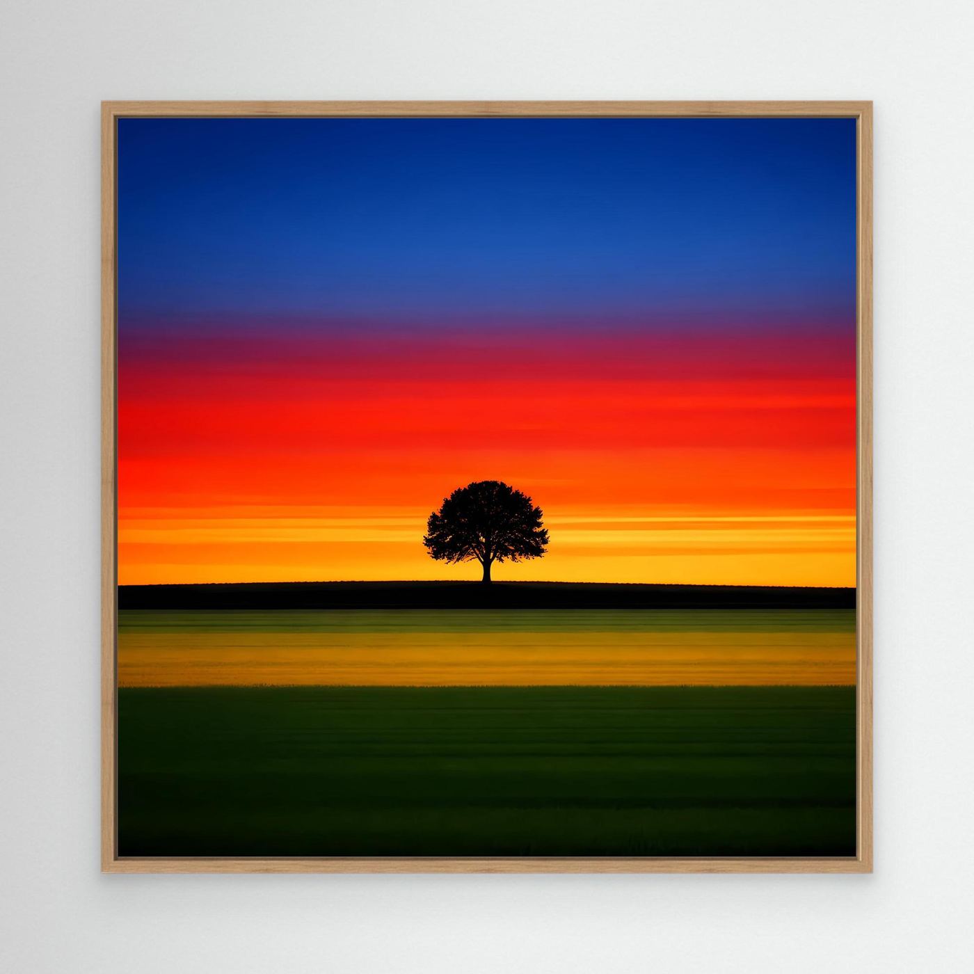 Leinwandbild: Sonnenuntergang mit Baum-Silhouette, Eichenrahmen