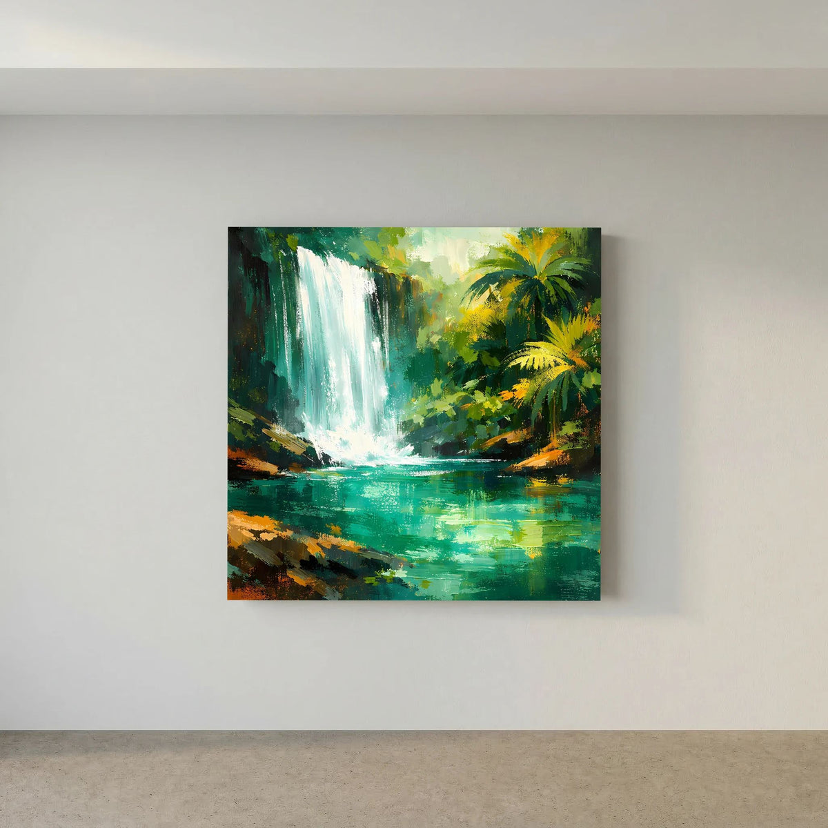 Leinwand-Wandbild mit Wasserfall, Palmen und grün-türkisem Fluss in abstrakter Malerei