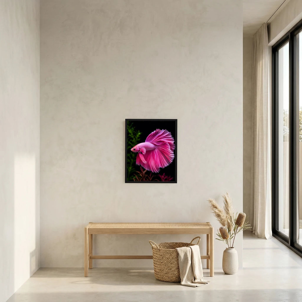 Tierposter im Hochformat mit rosa Kampffisch im schwarzen Rahmen an der Wand