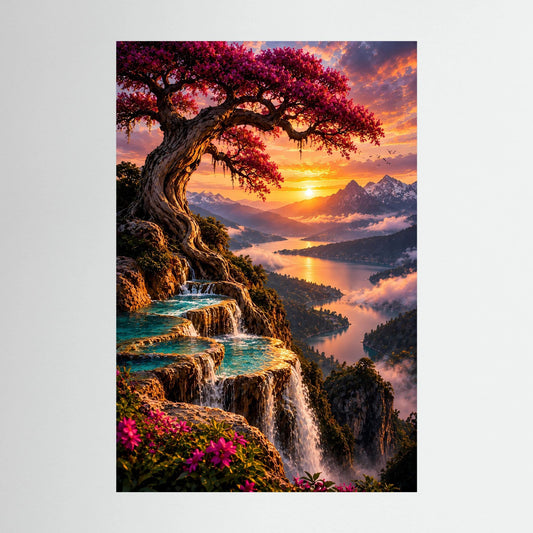 Magischer Baum über Bergsee | Wasserfälle im Sonnenuntergang | Poster Hochformat