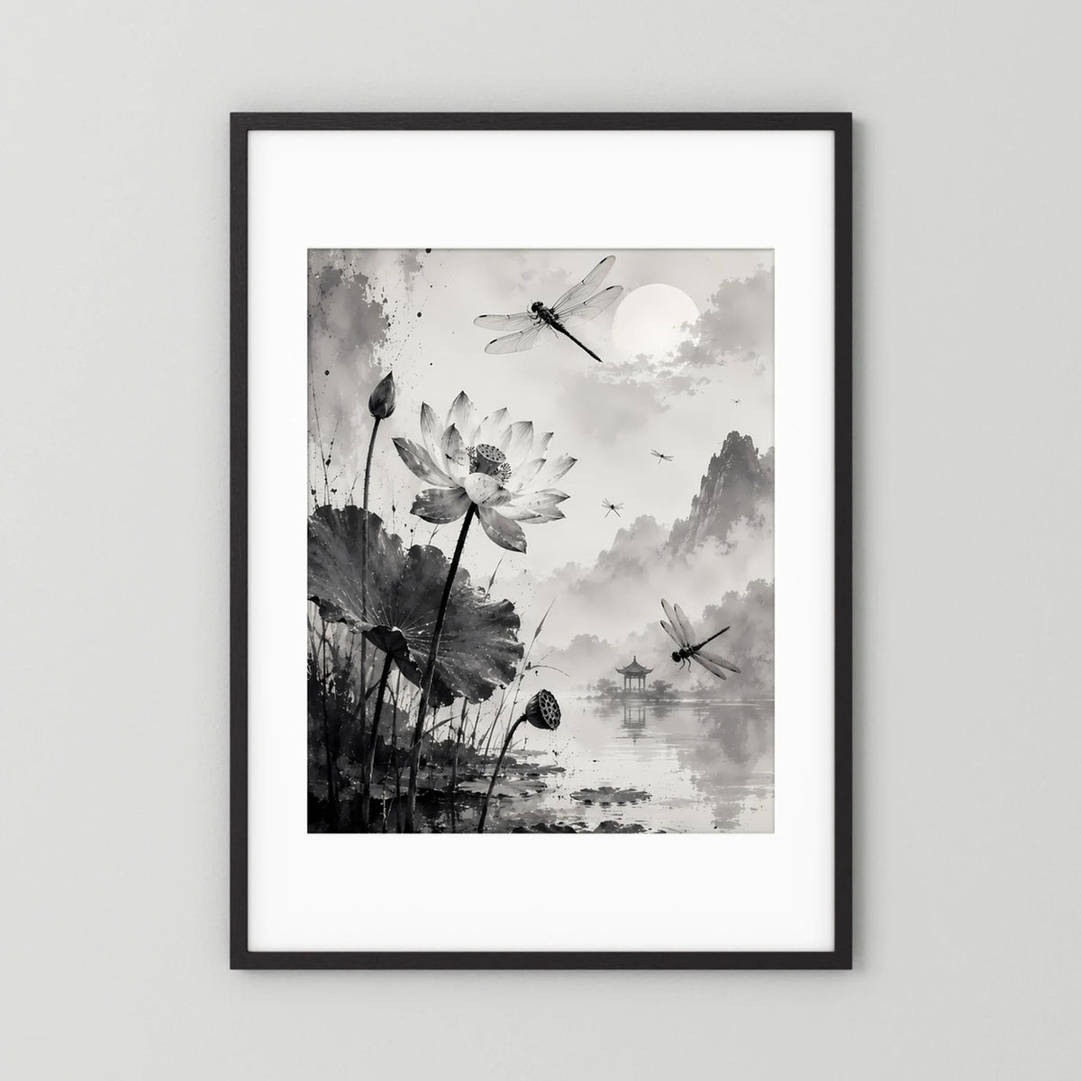 Schwarz gerahmtes Hochformat-Poster mit Lotusblüten, Libellen und Pagode