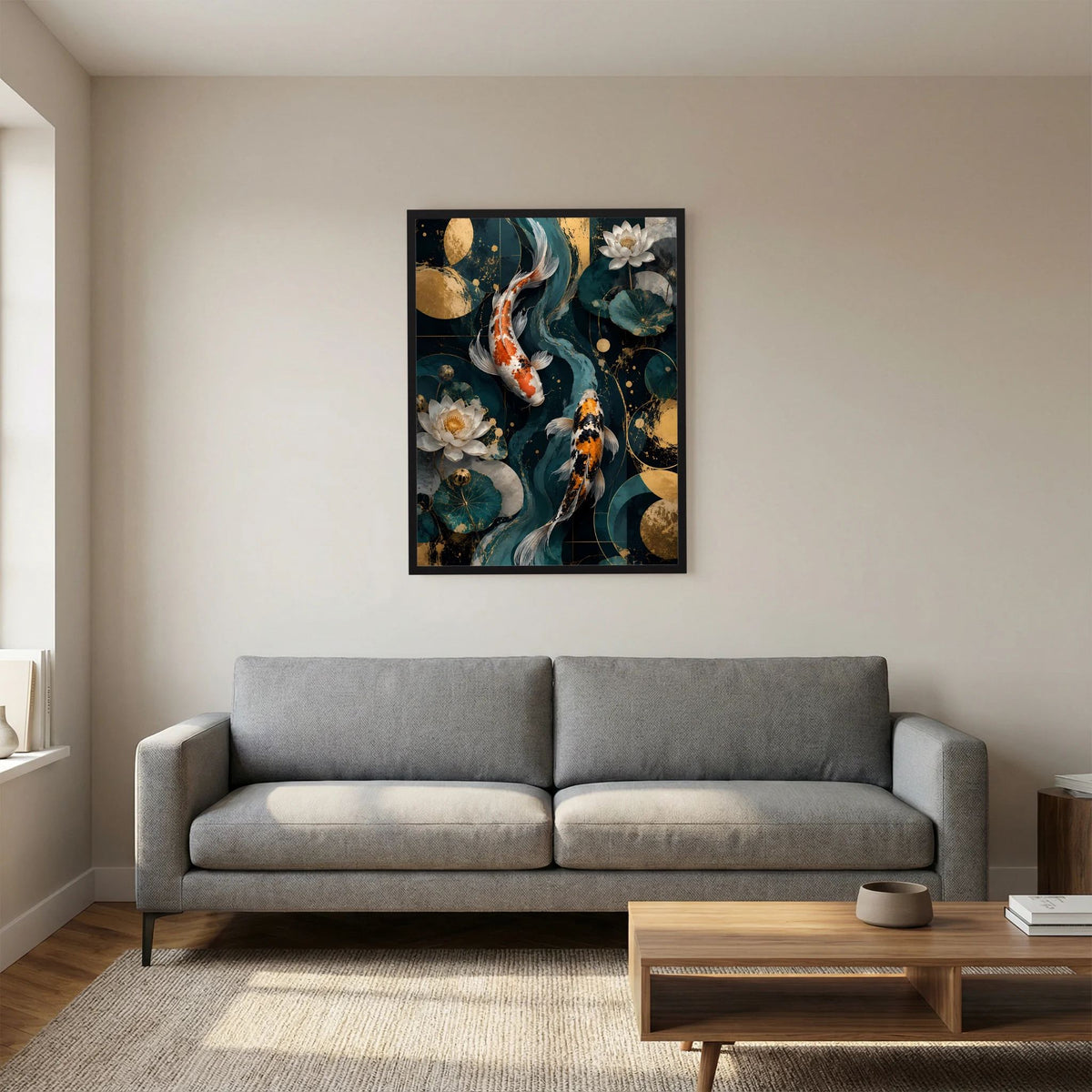 Gerahmtes Poster an der Wand: Koi-Fische und Lotusblüten in Petrol & Gold, schwarz gerahmt