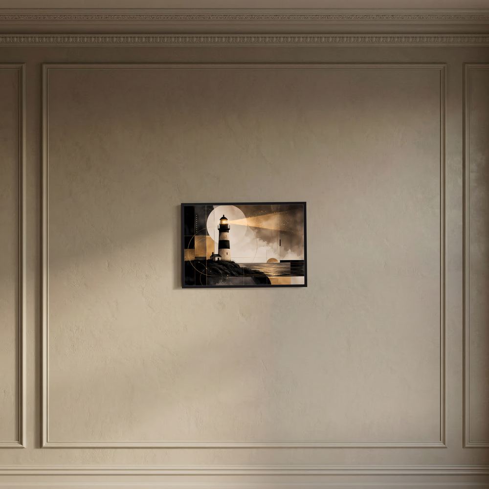 Leuchtturm-Poster in Schwarz, Beige und Gold im schmalen schwarzen Rahmen