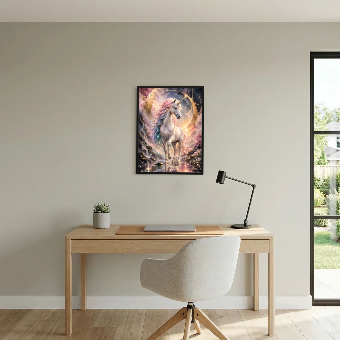 Einhorn-Poster in schwarzem Rahmen: weißes geflügeltes Einhorn mit goldenem Kreis.